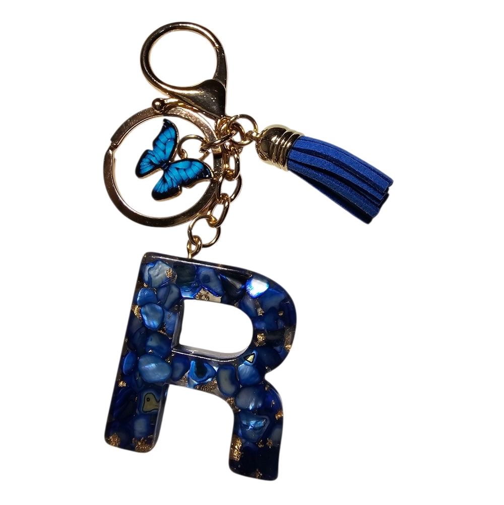 Initial R Keychain Blue Resin Gold Foil Butterfly Tassel Monogram Bag Charm